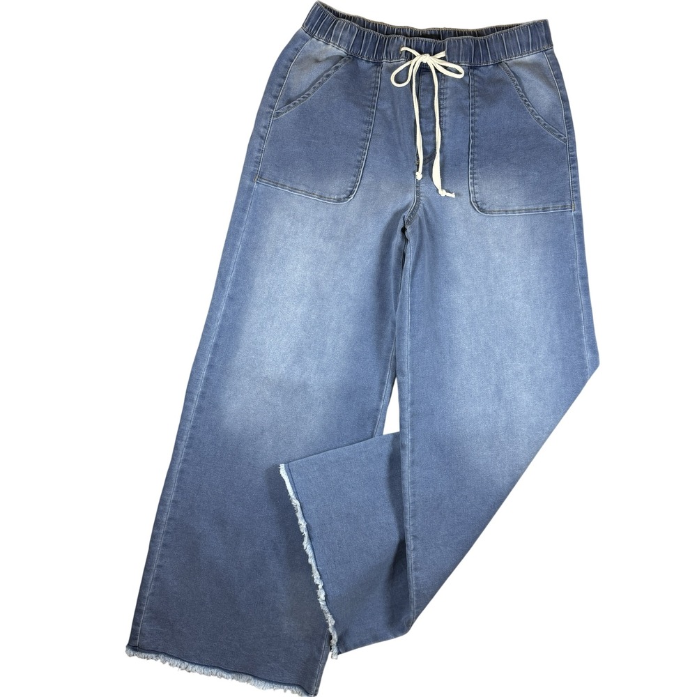 Sincerely Jules Wide Leg Jeans Womens Size L Blue Denim Drawstring Frayed Hem